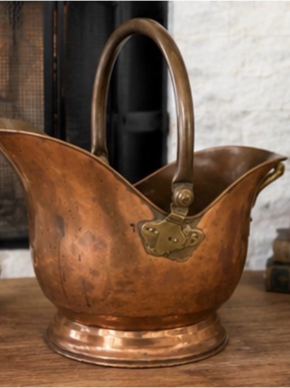 Antique Victorian Copper & Brass Helmet Coal Scuttle Fireplace Bucket c. 1880